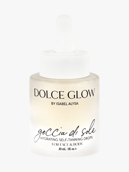Dolce Glow Goccia Di Sole Hydrating Self-Tanning Serum in branded component on a light gray background